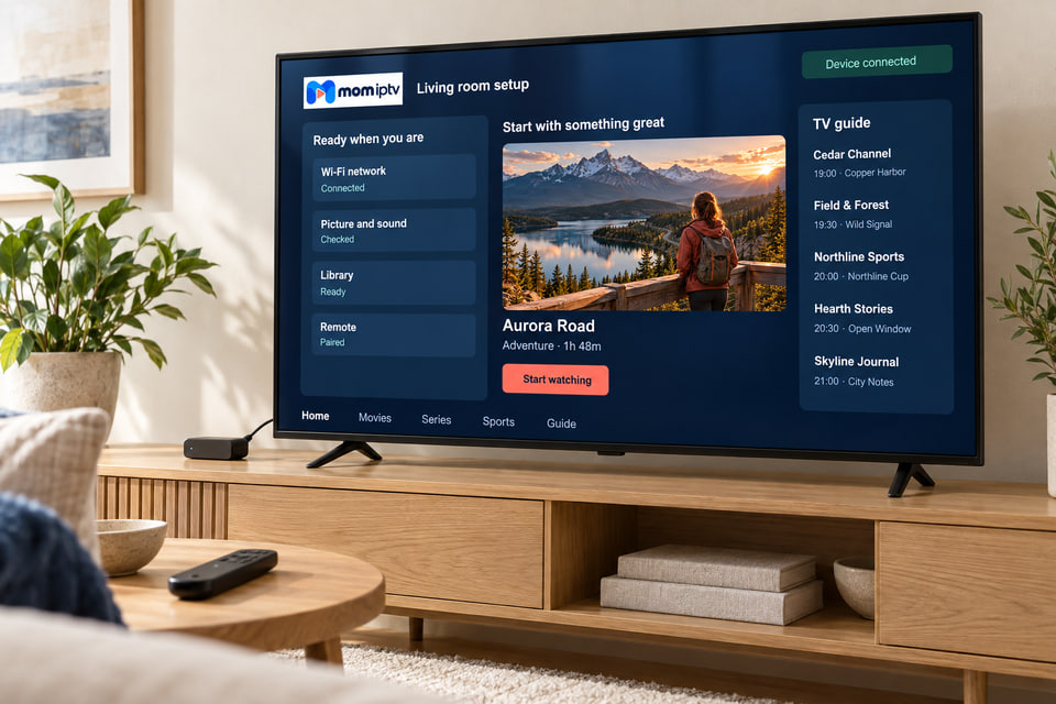 A wall-mounted smart TV in a bright living room showing a completed setup screen.