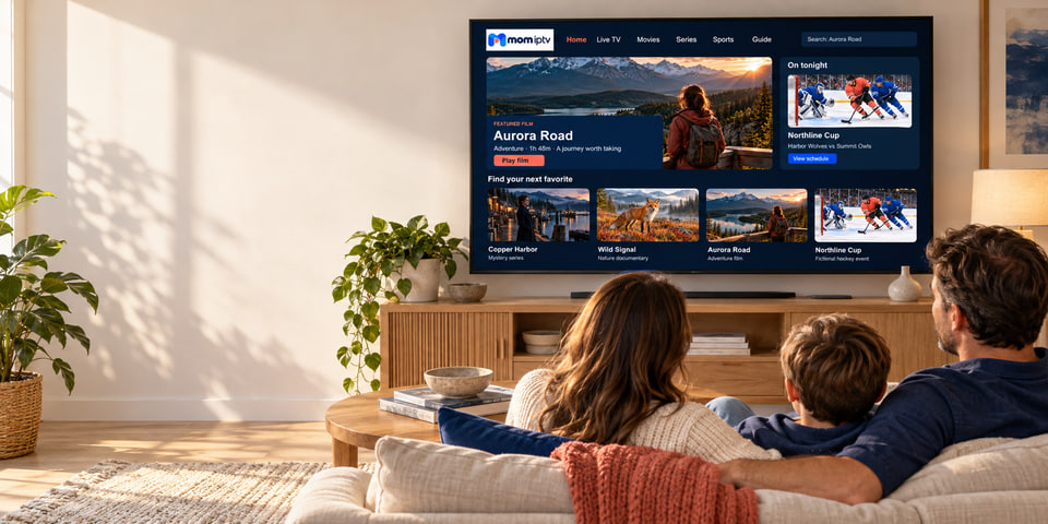 A family relaxing on the sofa while watching mom iptv on their living-room TV.