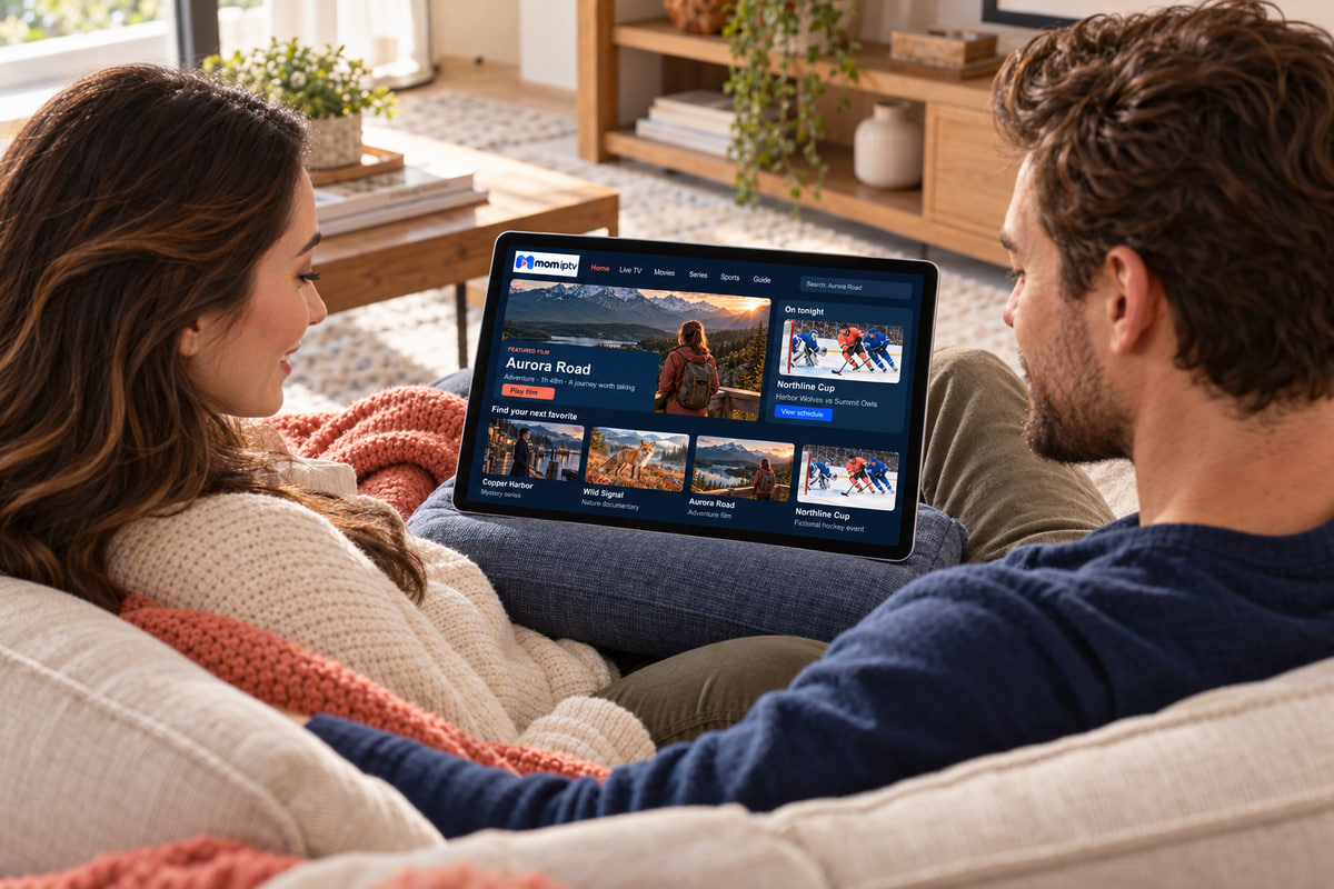 Two people relaxing on a sofa, choosing something to watch on a tablet.