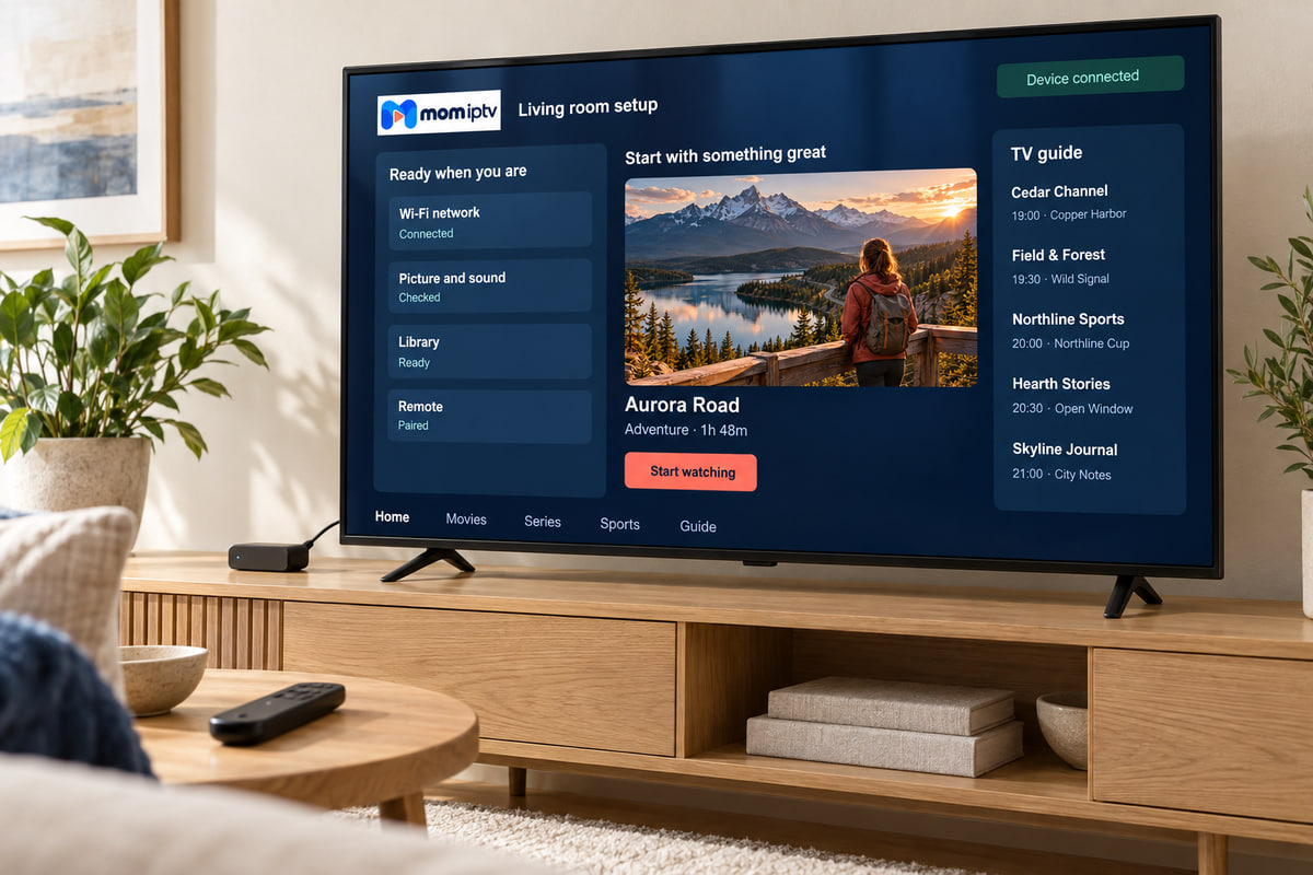 A smart TV in a living room showing a completed setup checklist next to a programme guide.
