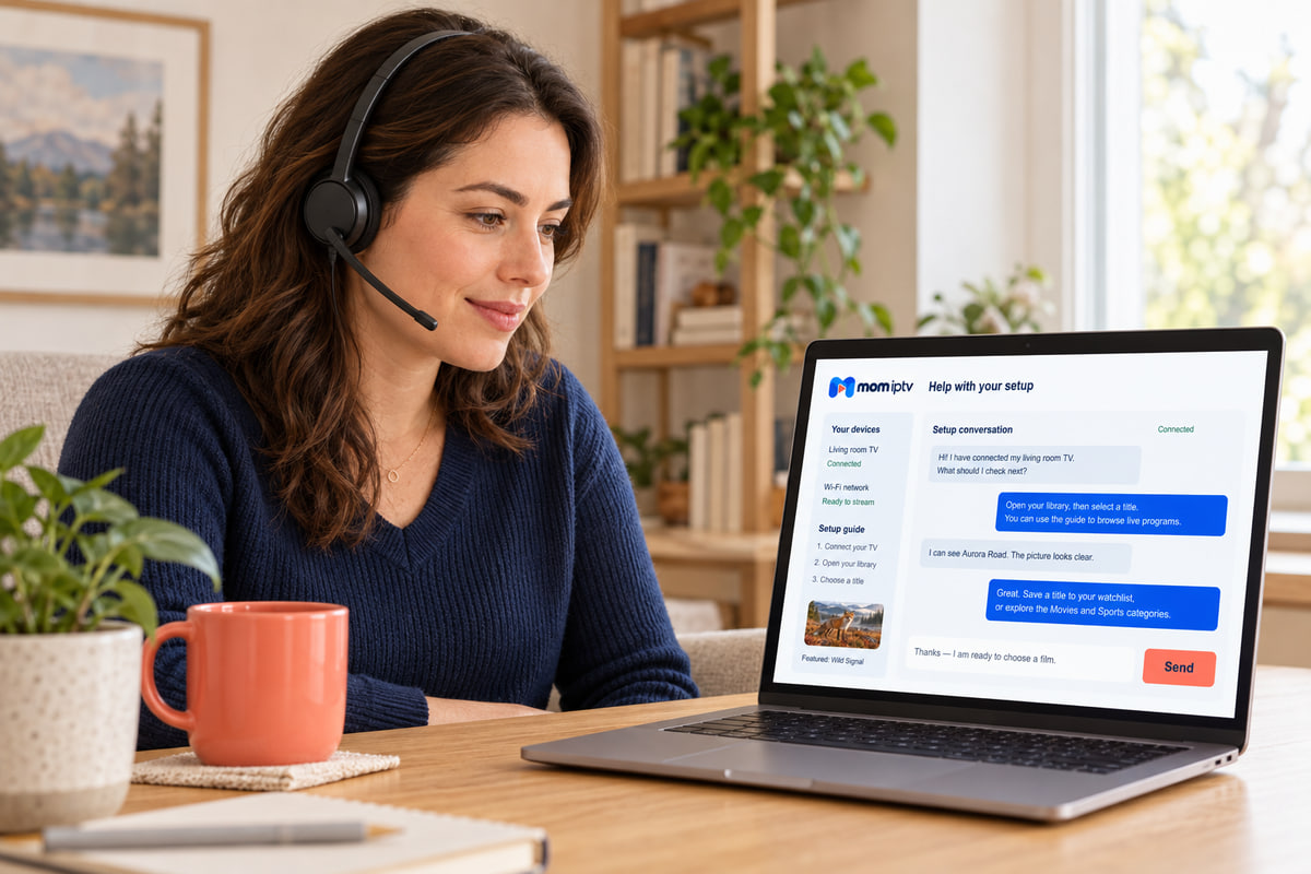 A support adviser wearing a headset replies to a setup question on her laptop.