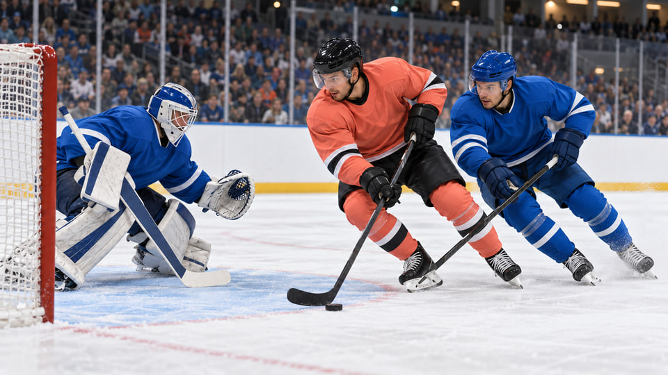 Fictional ice hockey players in blue and coral kits competing in front of the goal.