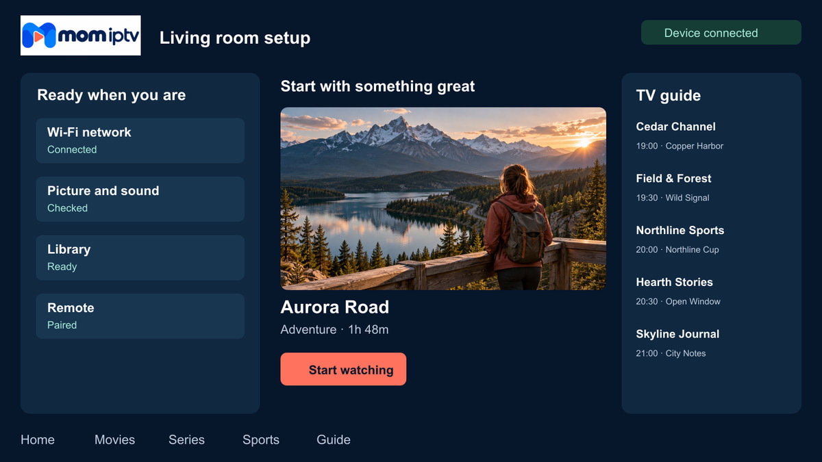 The mom iptv setup screen showing four completed checks — Wi-Fi, picture and sound, library and remote — next to a TV guide.