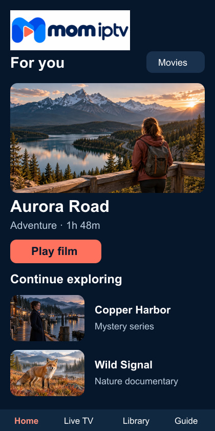 A phone showing the mom iptv library on a mobile screen.